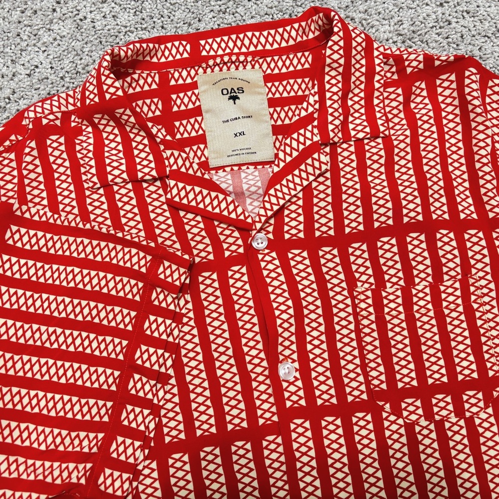 OAS The Cuba Shirt Red Railway Print Short Sleeve Button Up Top Pocket Mens XXL